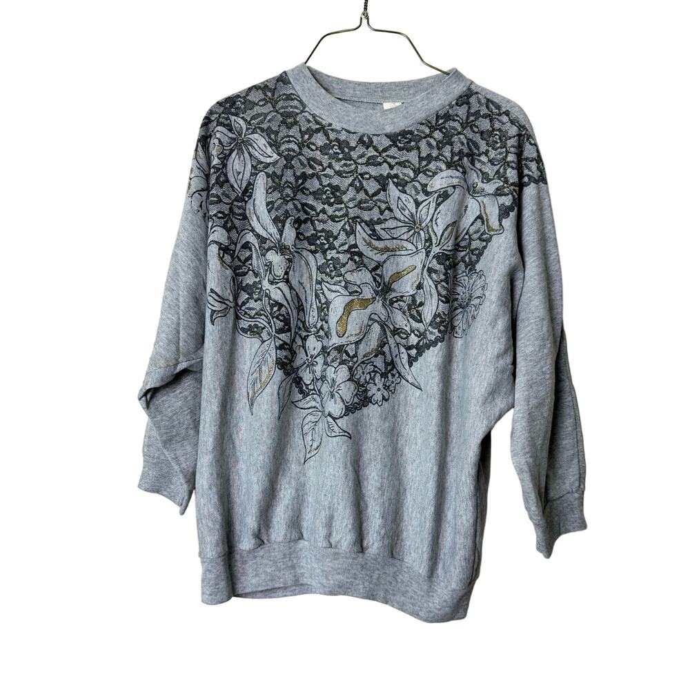 Vintage black‎ gold lace screen print oversized causal sweat shirt Size XL